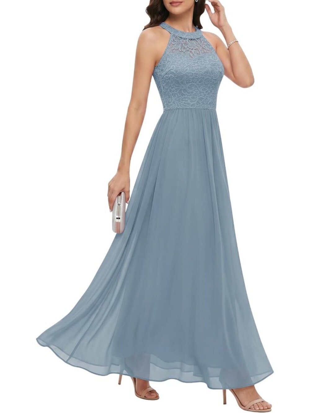 Dusty Blue Floral Lace Halter Long Formal Prom Bridesmaid Dress Sz S-XXL